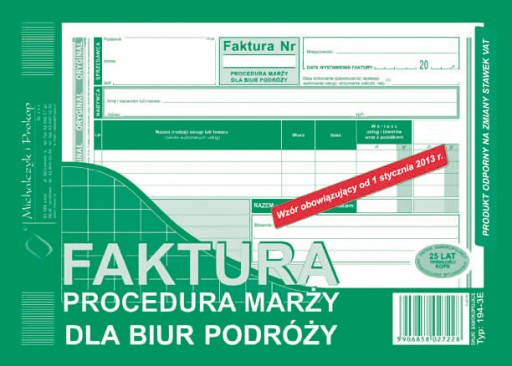 Счет-фактура, порядок залога для туристических агентств, оригинал + 1 копия 80 тыс. злотых. А5 194-3Е