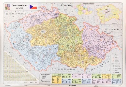 CZECHY MAPA ŚCIENNA KODOWA KODY POCZTOWE STIEFEL
