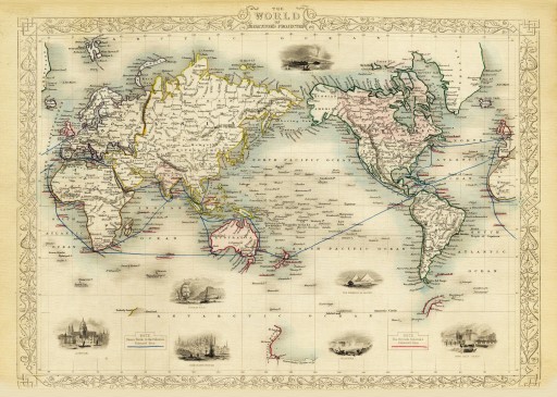 Ilustrowana mapa ŚWIATA Tallis 1851 r. 80x60 cm.