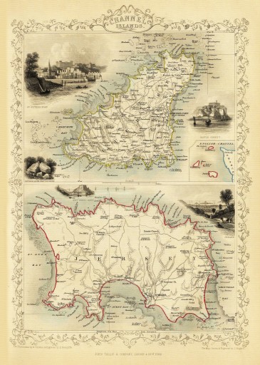 GUERNSEY JERSEY mapa ilustrowana 1851 r. płótno